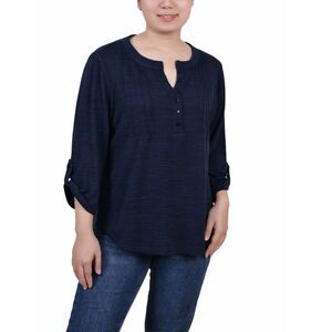 NY Collection Petite 3/4 Roll Tab Sleeve Y Neck Top